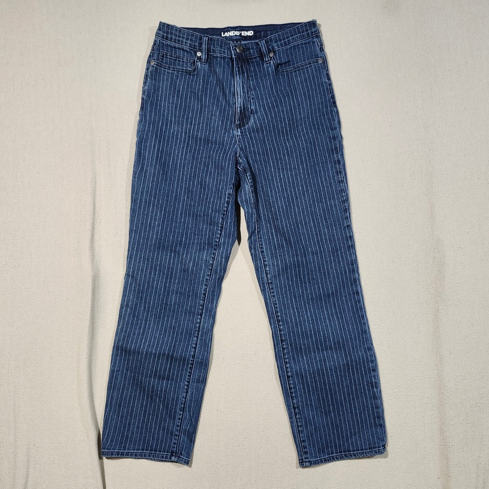 Lands End Womens Blue Pinstripe Straight Leg Jeans Size 10 Mid Rise Stretch